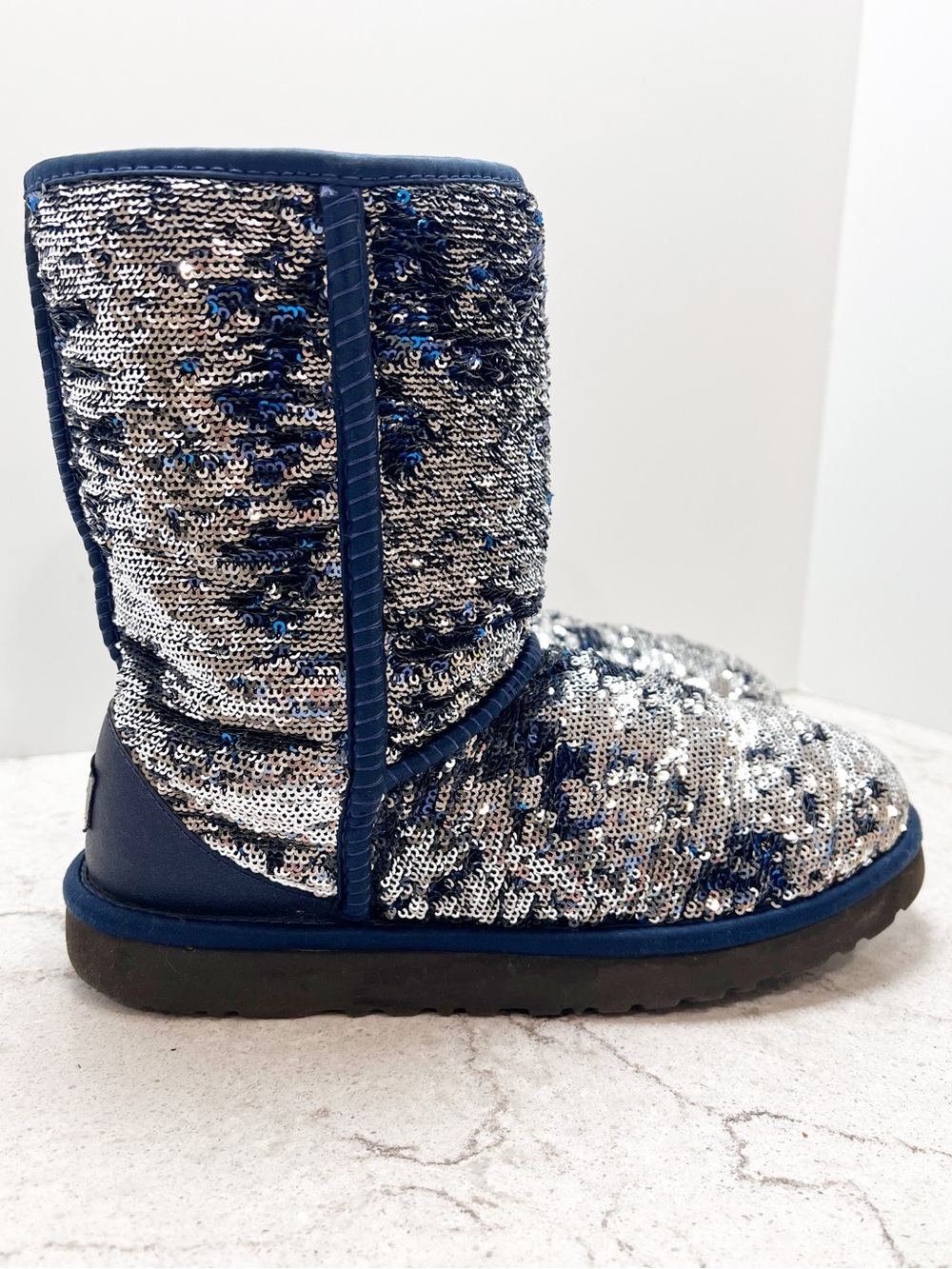 UGG Classic Short Reversible Sequin Boots Silver & Midnight Blue